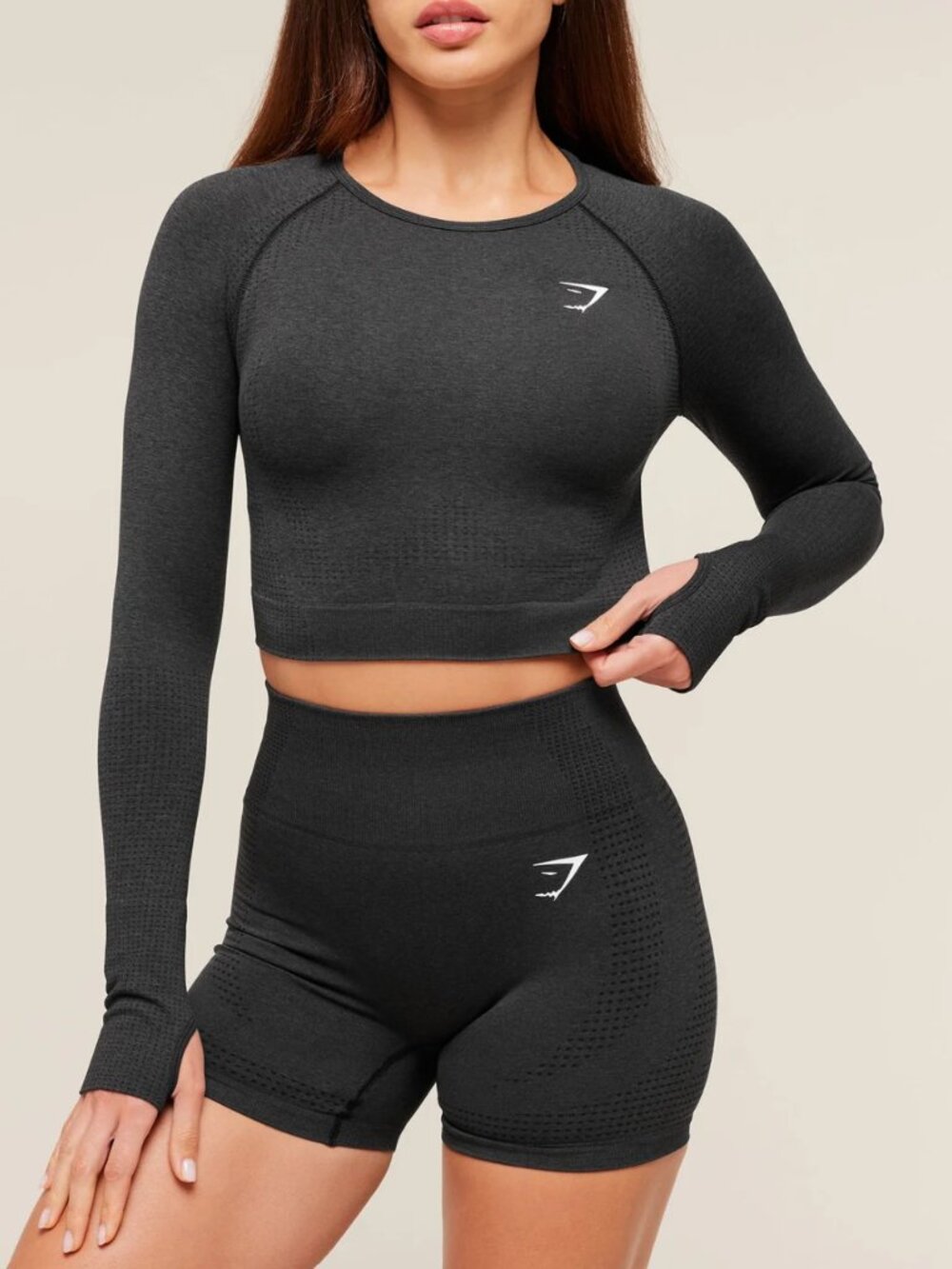 NWT Gymshark Vital Seamless 2.0 Crop Longsleeve Top Gymwear Marled Black Medium